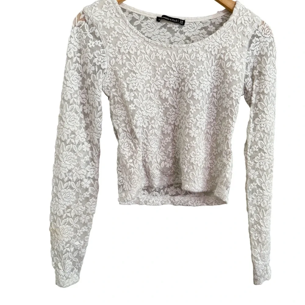 Abercrombie Fitch White Lace Long Sleeve Crop Top XS Floral‎ Sheer